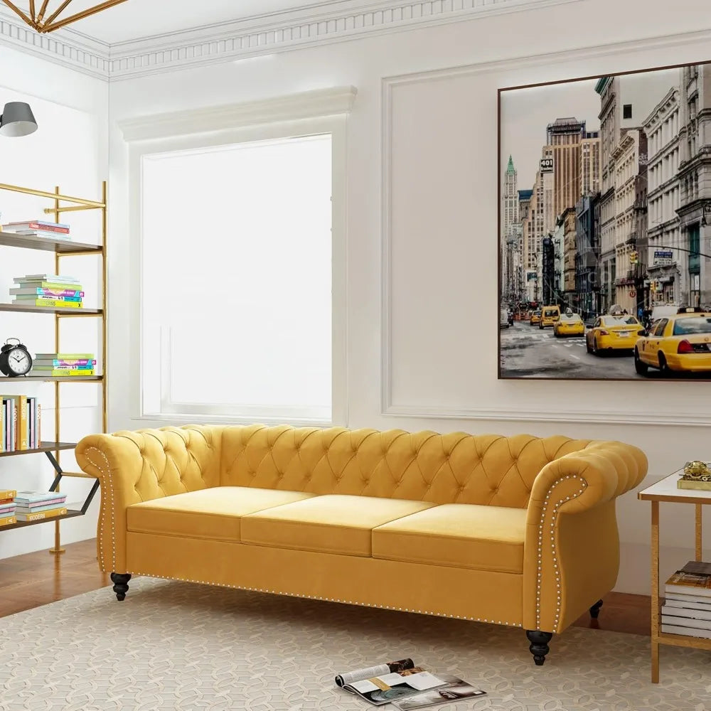 Chesterfield Sofa Velvet, Modern Tufted Couch 3 Seater with Rolled Arms and Nailhead for Living Room, Bedroom, Office, Apartment