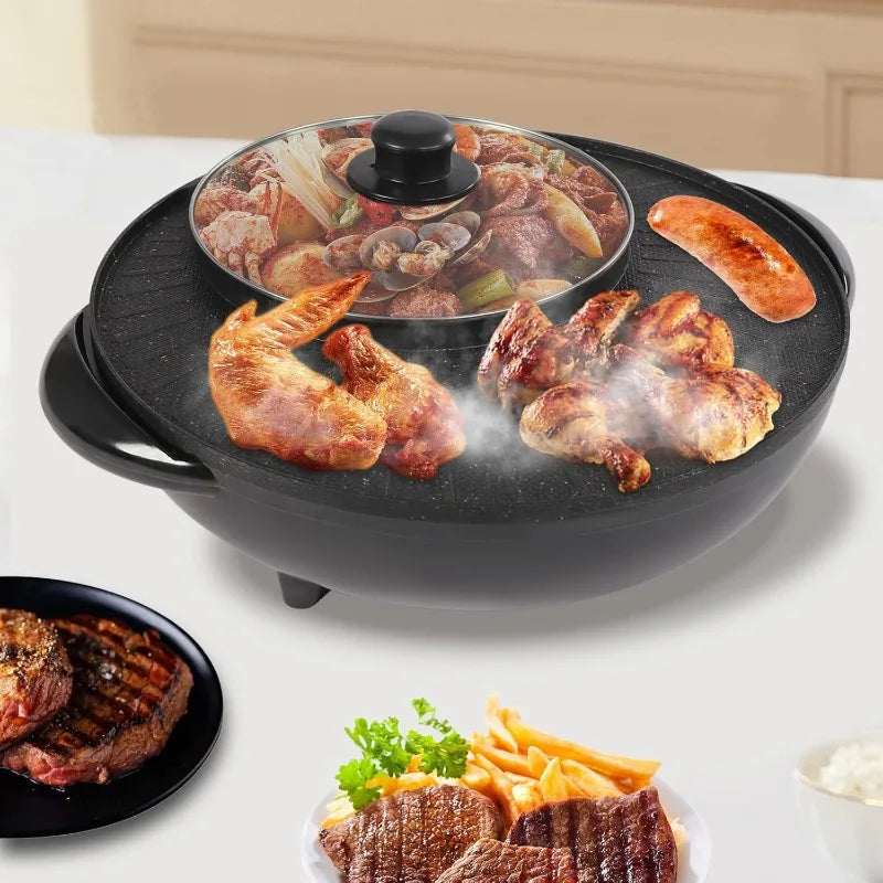 2 in 1 Electric Hot Pot and Grill, Shabu Pot with Divider,Portable Smokeless Grill, Circular Hotpot with Lid, for 3-5 People