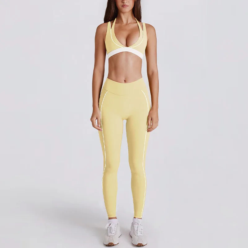 2 Pieces Women's Tracksuit Yoga Set Workout Gym Sportswear High Waist Leggings Fitness Shorts V-neck Halter Bras Sports Suits