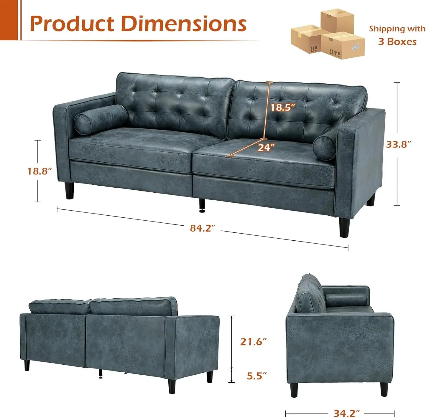 Faux Leather Sofa, 84.2-Inch Mid Century Modern 3-Seater Couch with 2 Bolster Pillows, Large Blue Sofa for Living Room