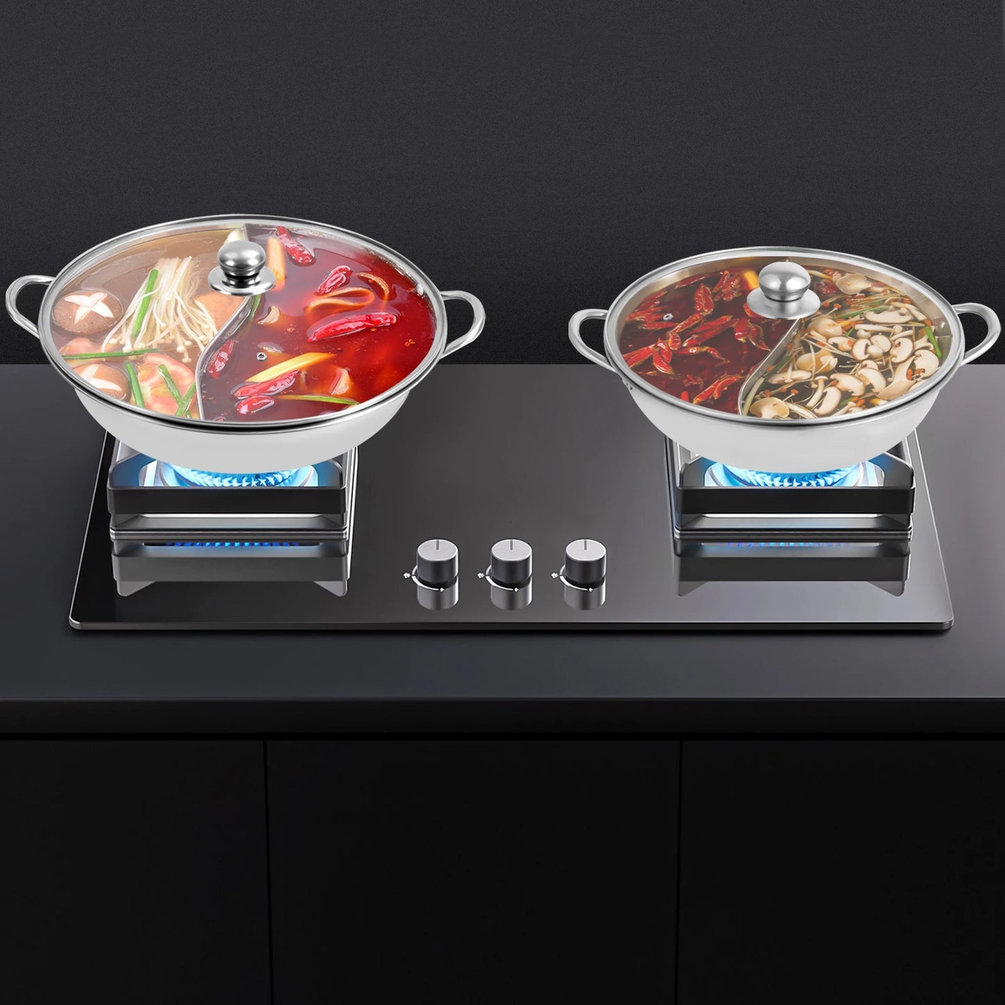 28/32/34cm 304 Stainless Steel Hot Pot with Divider Hot Pot Set Pot with Glass Lid Hot Pot with Spoon and Leaky Spoon