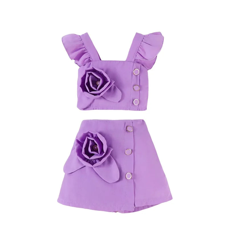 Adorable Baby Girl Summer Ensemble Flutter Sleeve Square Neck Top with 3D Floral Detailing and Matching A-Line Skirt - 2 Piece