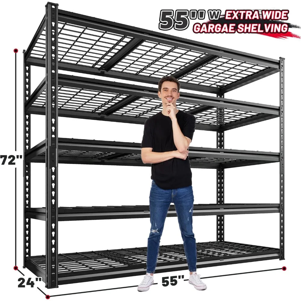55" W Garage Shelving 3000LBS, 5-Tier Adjustable Metal Shelves for Basement, Warehouse & Workshop