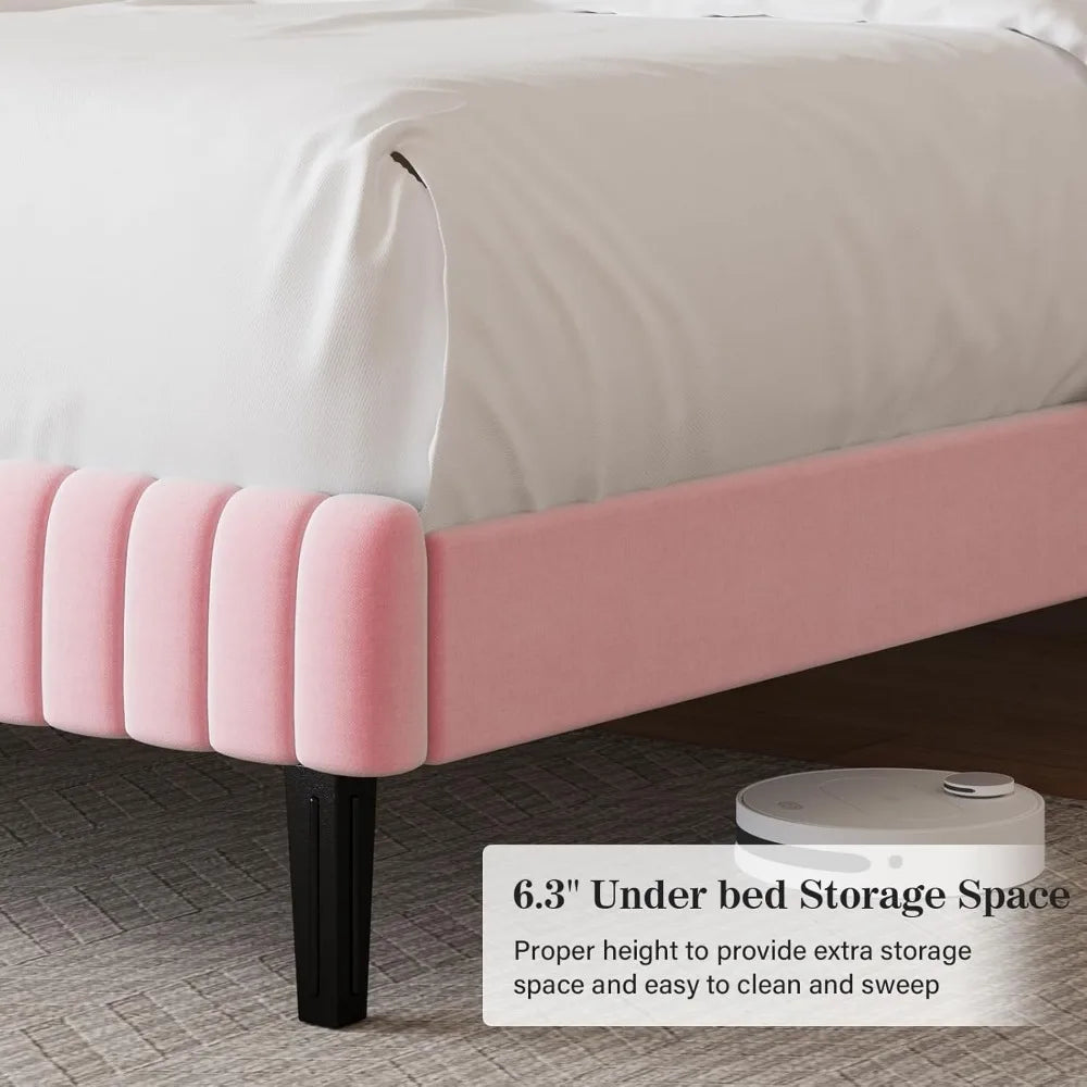 Queen Size Bed Frame with Headboard, Velvet Upholstered Platform Bed with Vertical Channel Tufted Design, No Box Spring Required