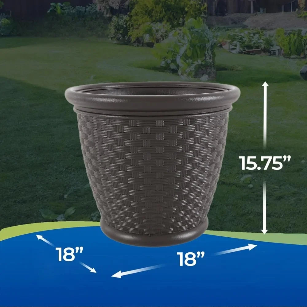 18 Inch Plastic Wicker Decorative Garden Flower Planter Planting Pots for Garden, Backyard (4 Pack)