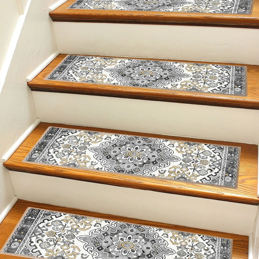 15Pcs Soft Stair Stepping Mat 21x76cm Self-Adhesive Non-slip Bohemian Indoor Stair Carpet Mat Protector Rug for Pet Kids Elder