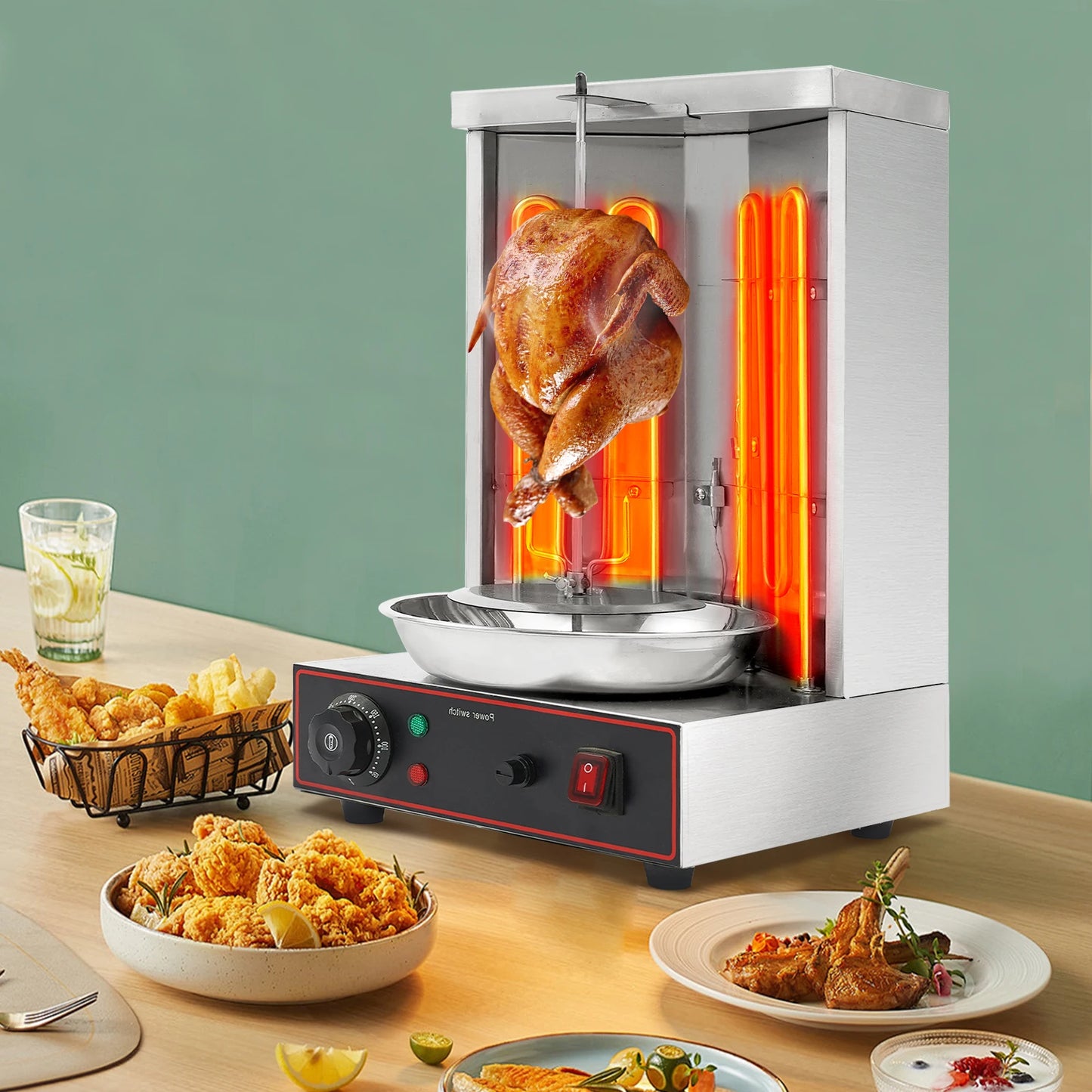 Electric Shawarma Grill Machine 3000W 201 Stainless Steel 2 Heating Tubes 360° Automatic Rotating Design