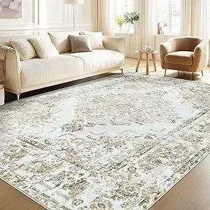 Area Rug 8x10 Vintage Rug: Large Washable Living Room Rug Retro Medallion Distressed Rug Soft Low Pile Non-Slip Rugs Indoor Floo