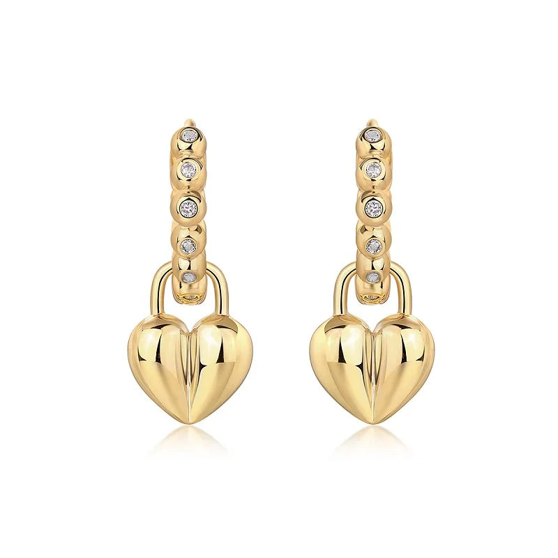 JIUZUAN 18K Gold Plated Heart Drop Earrings, 925 Silver with Moissanite, Beaded Hoop Design - Romantic Gift Jewelry for Women