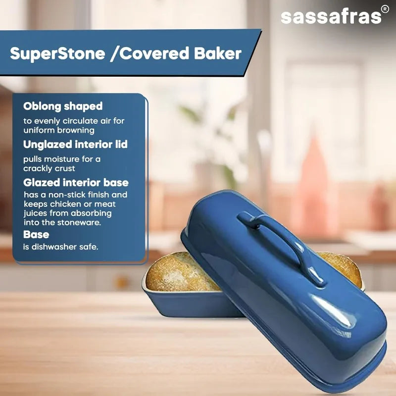 Sassafras Superstone Covered Bread Baker with Lid Glazed Exterior and Unglazed Interior Stoneware Bakeware Blue