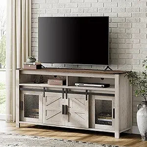 Farmhouse Coffee Bar Cabinet, 59" Buffet Server Sideboard with Sliding Barn Doors, Storage Cabinet Cupboard Table with Mesh Doo