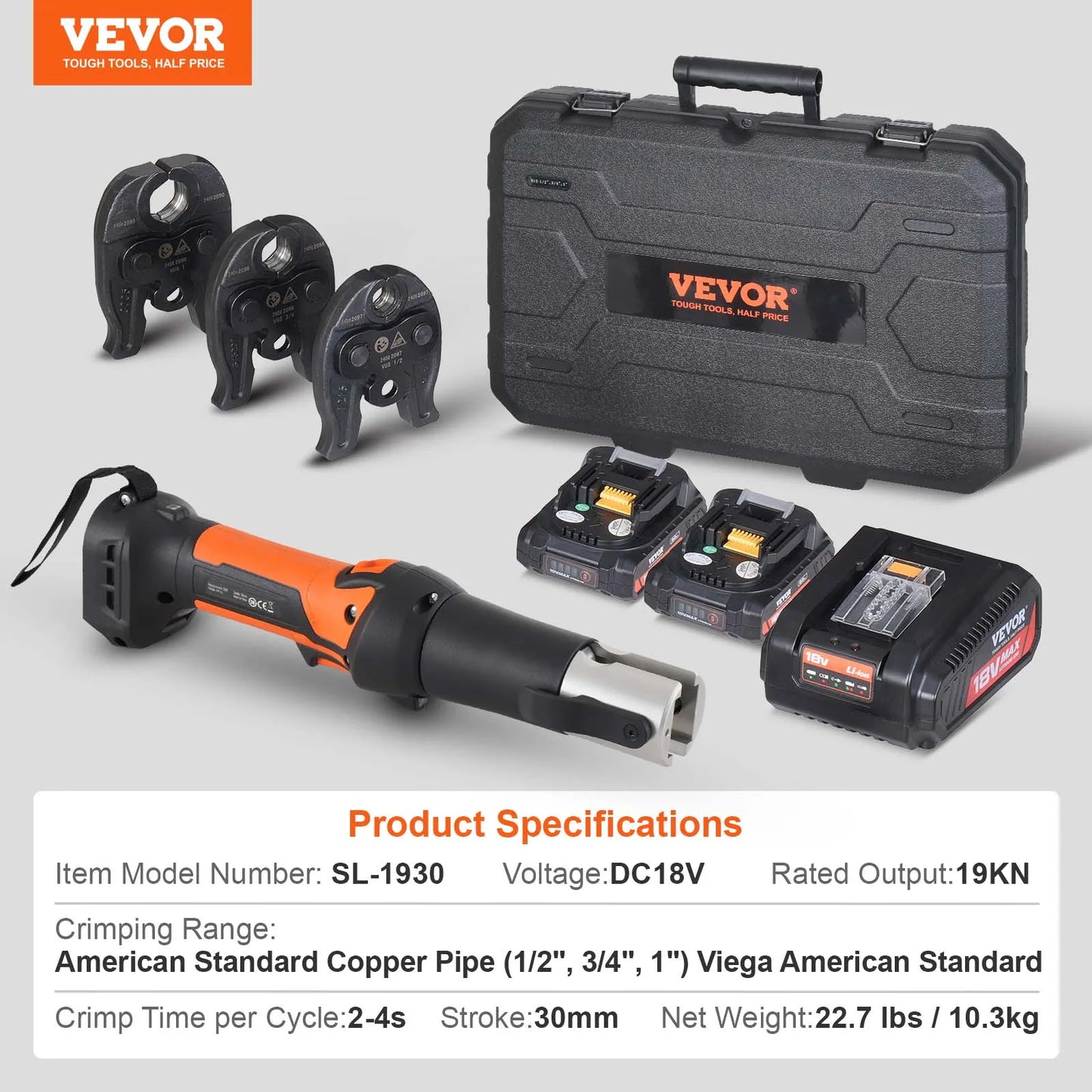 SucceBuy Pro Press Tool 18V Electric Pipe Crimping Tool for 1/2" 3/4" 1" Copper Pipes Press Tool Kit with 3 Jaws 2Pcs Battery