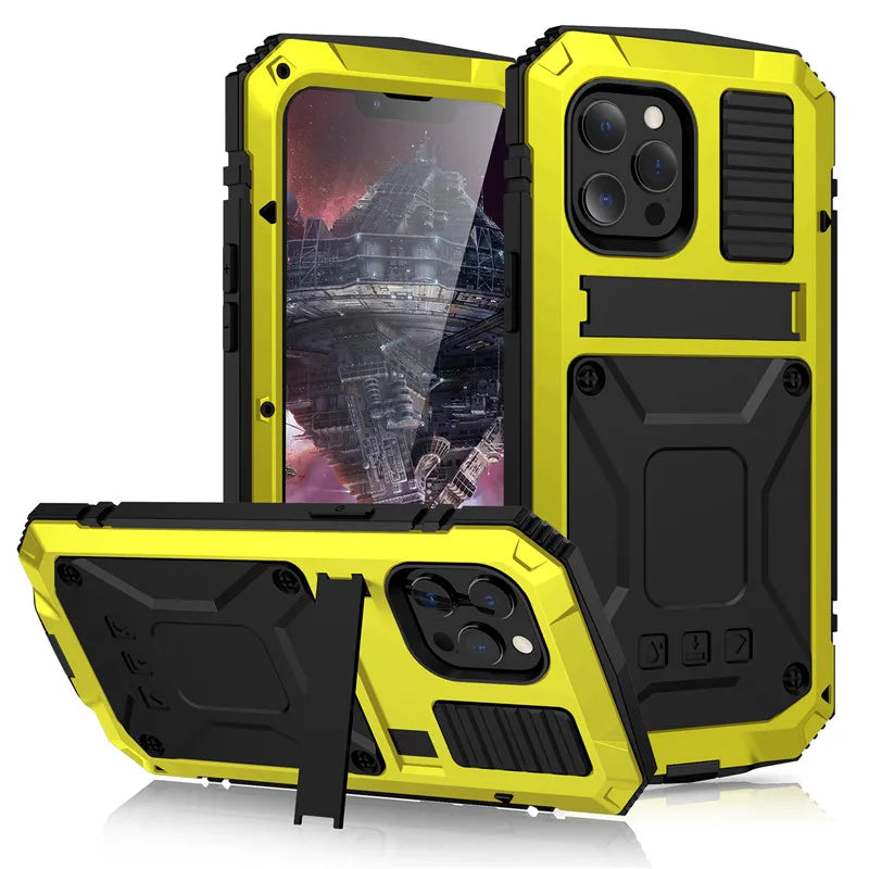 Heavy Duty Armor Military Aluminum Metal Case For iPhone 16 Plus 16 Pro Max Hard Cover Tempered Glass Screen Protector Flim