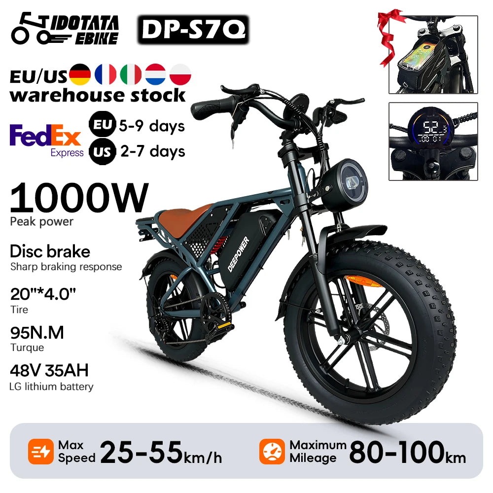 IDOTATA S7 Electric Bike for Adults 48V 60Ah Dual Battery 20 Inch 4.0 Fat Tires Snow Mountain E Bike 1000W Electric Bicycle