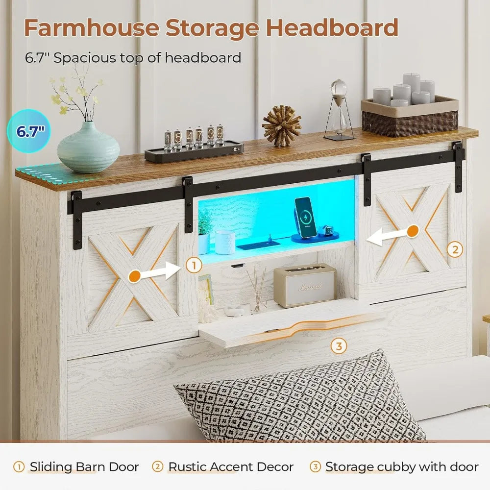 Hasuit Farmhouse Bed Frame Twin XL Size with 2 Storage Drawers, Wooden Platform Twin XL Bed with LED Lights and Charging Station