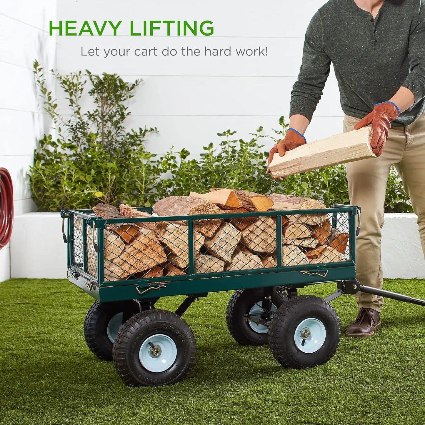 Utility Garden Cart Wagon for Lawn Yard w Heavy Duty Steel 400lb Weight Capacity Removable Sides Long Handle 10in Tires Green