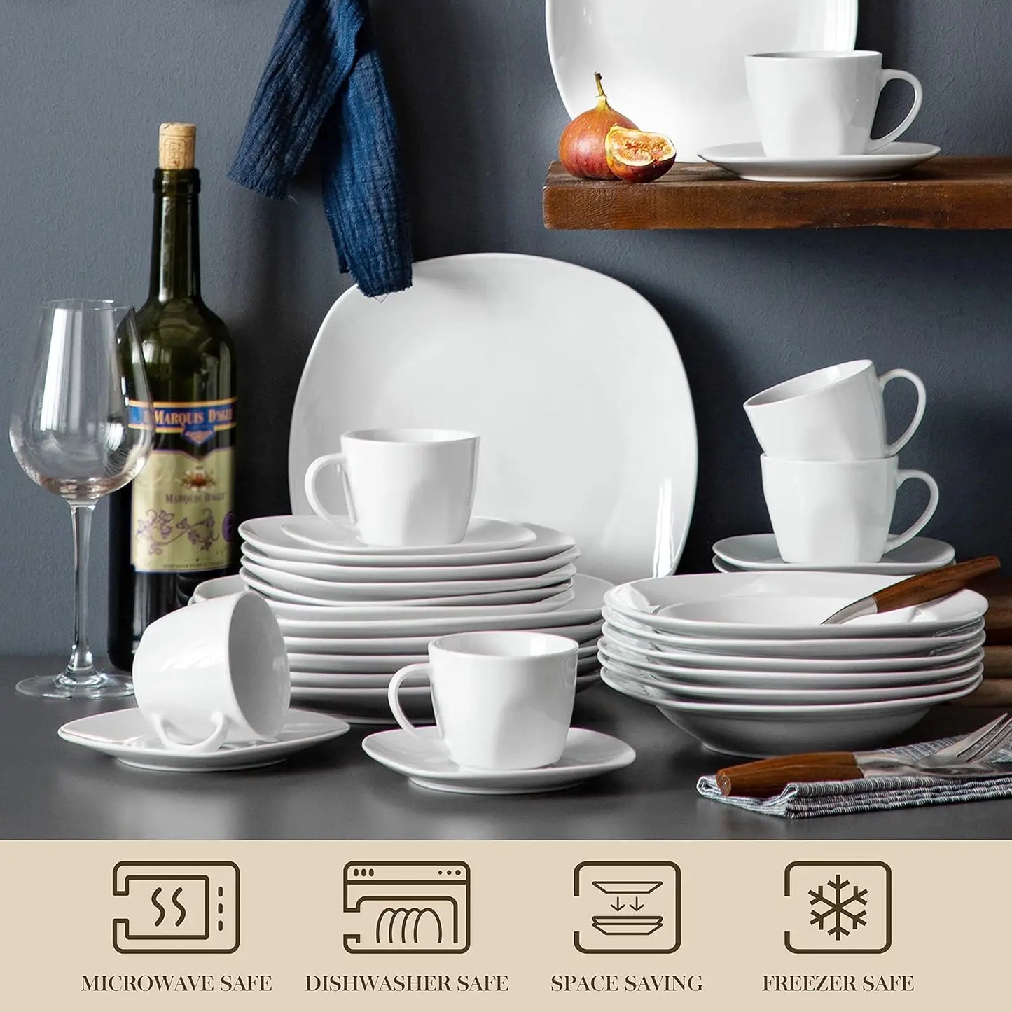 30 Piece Porcelain Dinnerware Set, Grey White Dish Set for 6, Square Ceramic Dishware Sets, Chip and Scratch Resistant Plates an