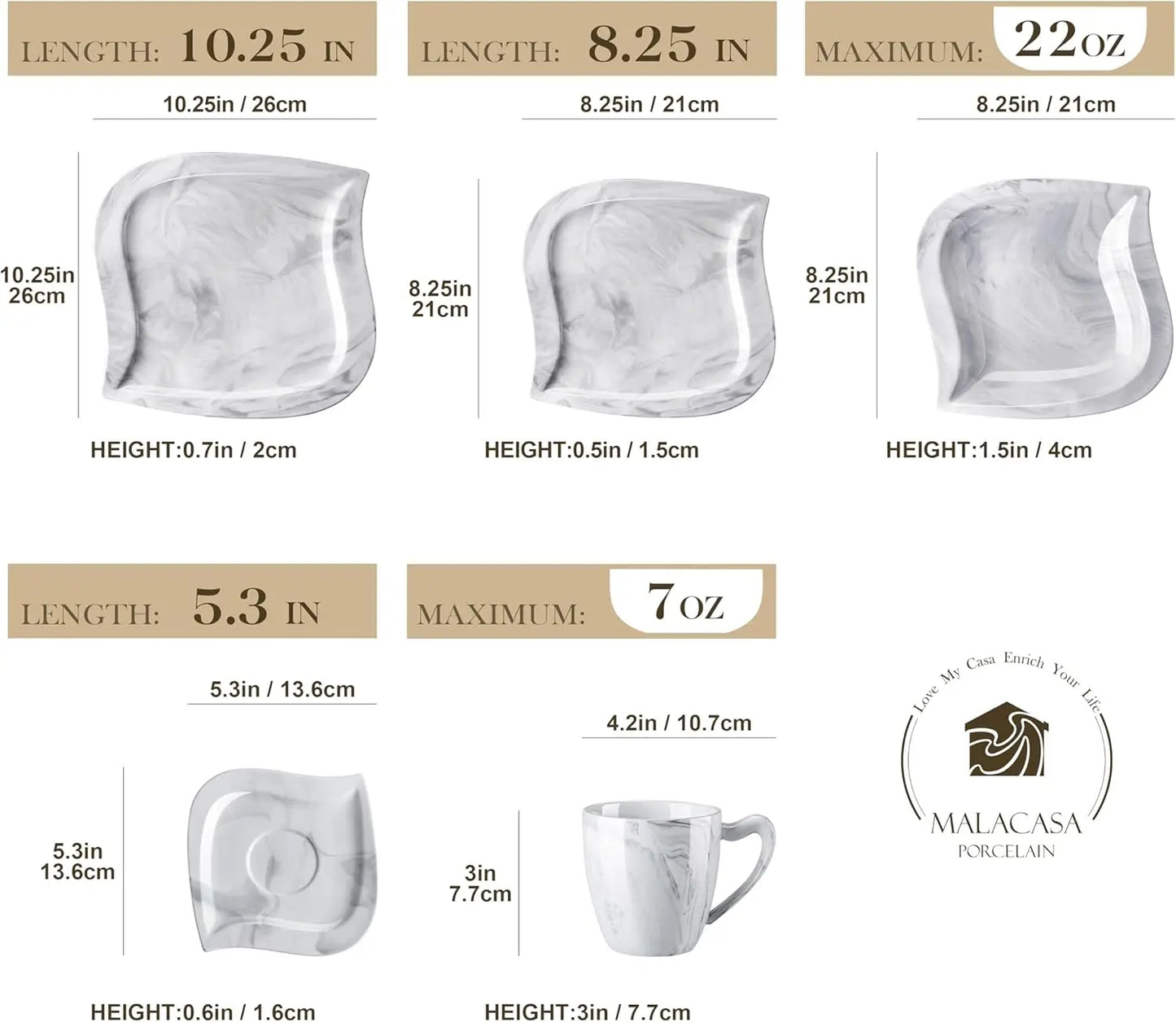 Dinnerware Sets for 6, 30 Piece Porcelain Plates and Bowls Sets, Marble Dish Set with Plates and Bowls, Cup and Saucer, Square P