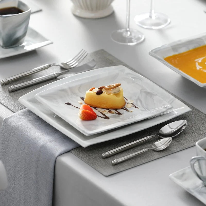 30PCS Marble Grey Porcelain Tableware Dinnerware Set with 6PCS Dessert/Soup/Dinner Plate/Cup/Saucer,Plates and Bowls Sets,FLORA