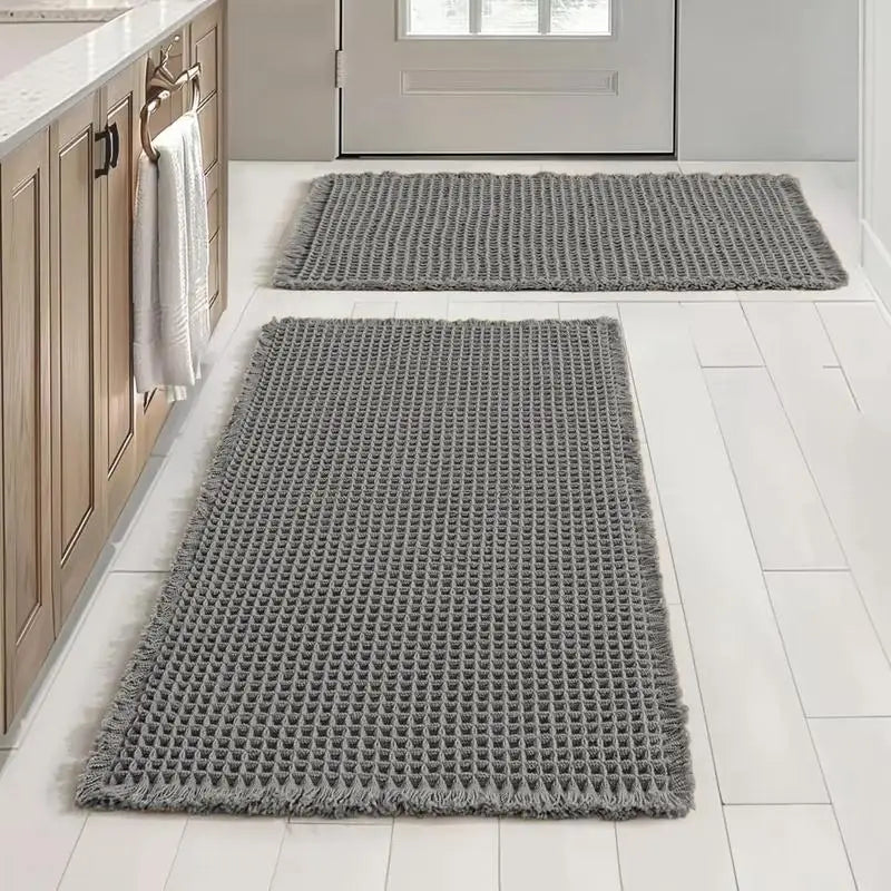 Grid Design Mat Set of 2 Non Slip Rectangle Mats Absorbent Rugs for Home Hotel Bathroom Kitchen Decor