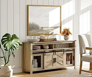 Farmhouse Coffee Bar Cabinet, 59" Buffet Server Sideboard with Sliding Barn Doors, Storage Cabinet Cupboard Table with Mesh Doo