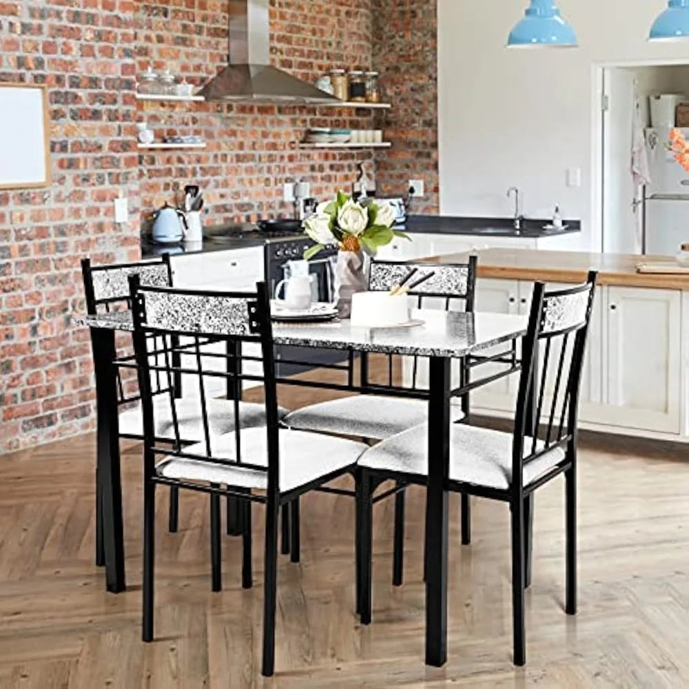 Kitchen Dining Set, Marble Dining Table Set with Sponge Cushion and Metal Structure, Modern Kitchen Table Set for Apartment