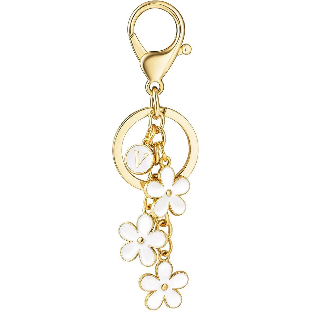 Initial Keychain White/Pink Flower Charms Key Cute Letter Keyring For Handbag Backpack