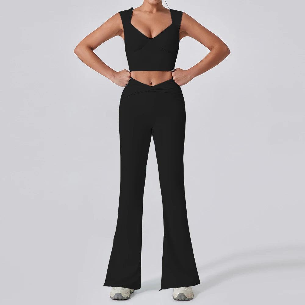 2PCS Women Yoga Set Workout Pant Outfits Fitness Sportswear Gym Tracksuit High Waist Flare Leggings Sports Bra Athletic Wear