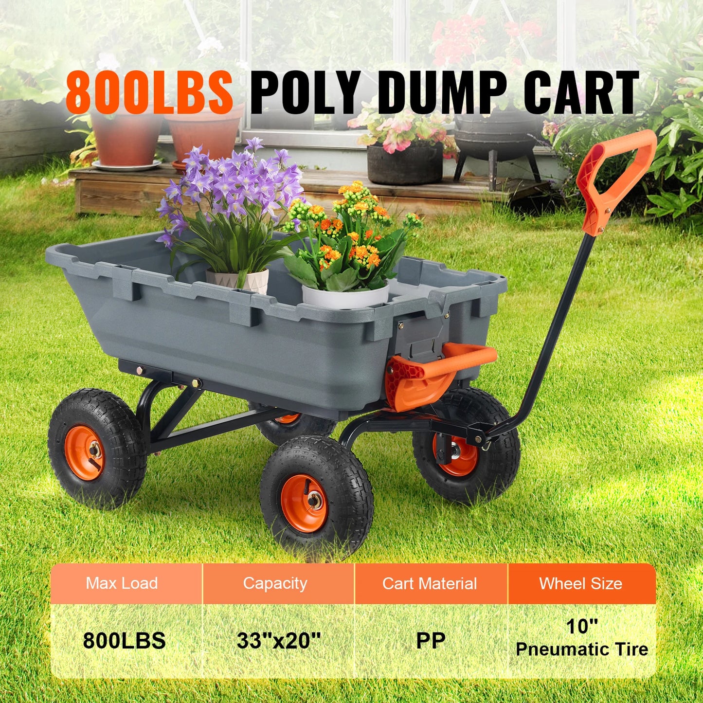 SucceBuy Garden Cart Durable Poly Dump Cart with Simple Assembly Steel Structure Versatile Dump Wagon with Dual-Function Handle