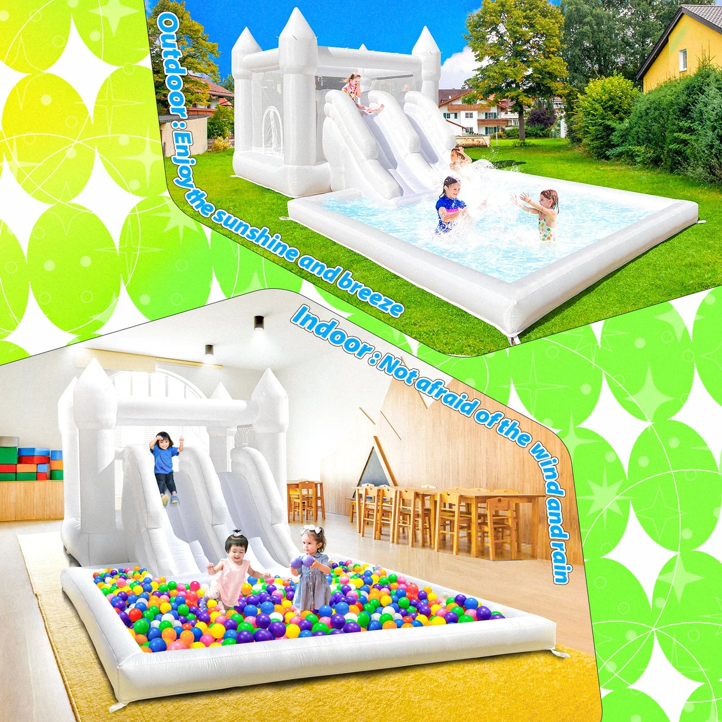 Kids Party Large 19ft Inflatable White Bounce House With Double Slide And Big Ball PIt Customization Oxford Bouncy Castle