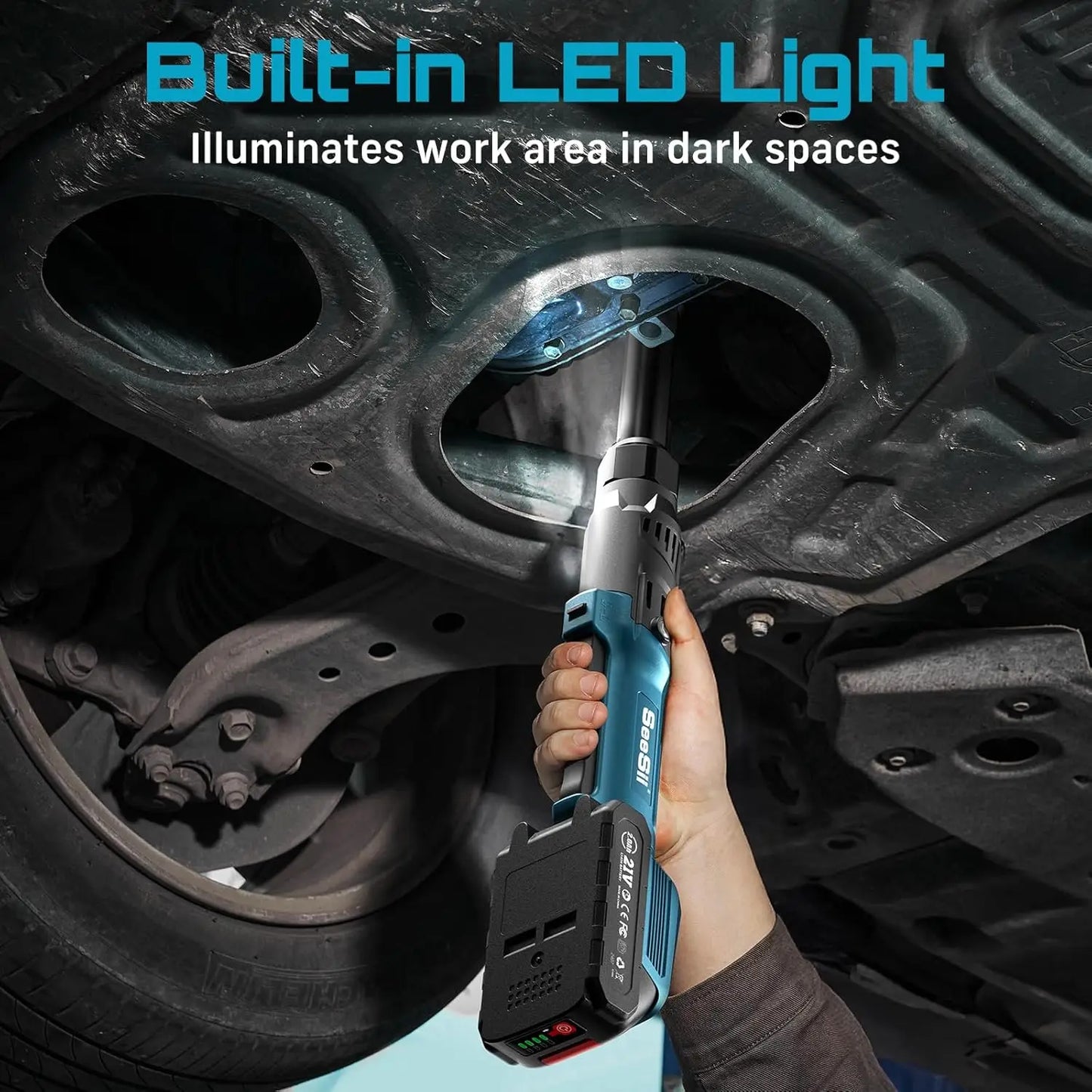 Seesii 3/8" 21V Cordless Electric Wrench 80Nm 6.3'' Extended Electric Ratchet Wrench Rechargeable Angle Wrench Car Repair Tools