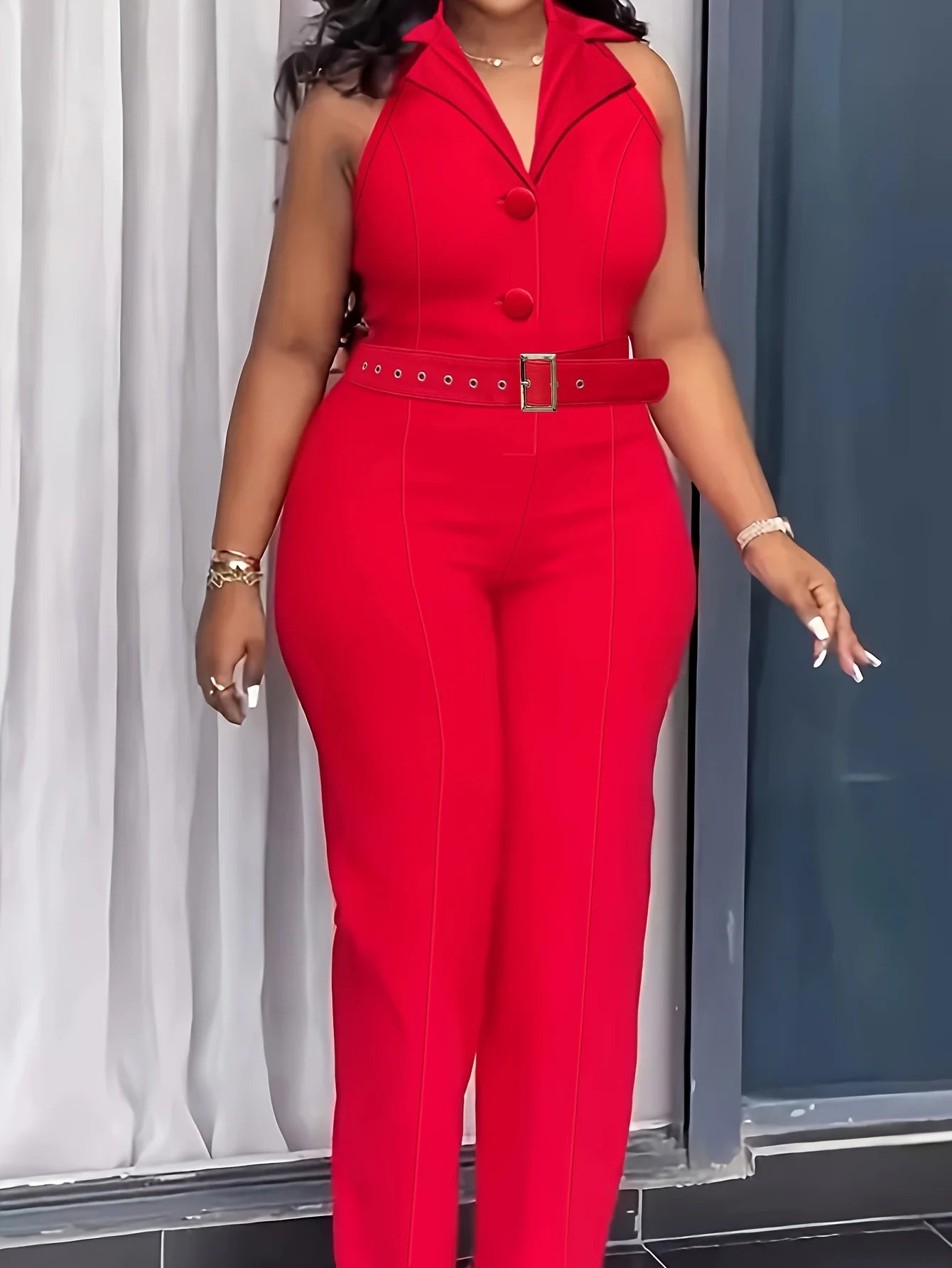 Business Suit Lapel Sleeveless Button Formal Evening Dress Office Women Jumpsuit