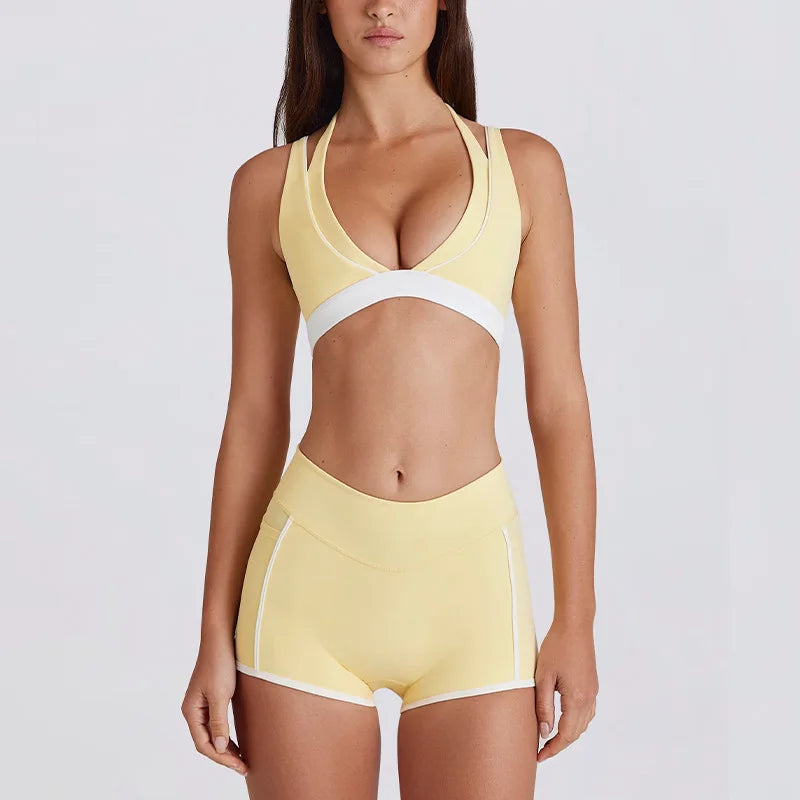 2 Pieces Women's Tracksuit Yoga Set Workout Gym Sportswear High Waist Leggings Fitness Shorts V-neck Halter Bras Sports Suits