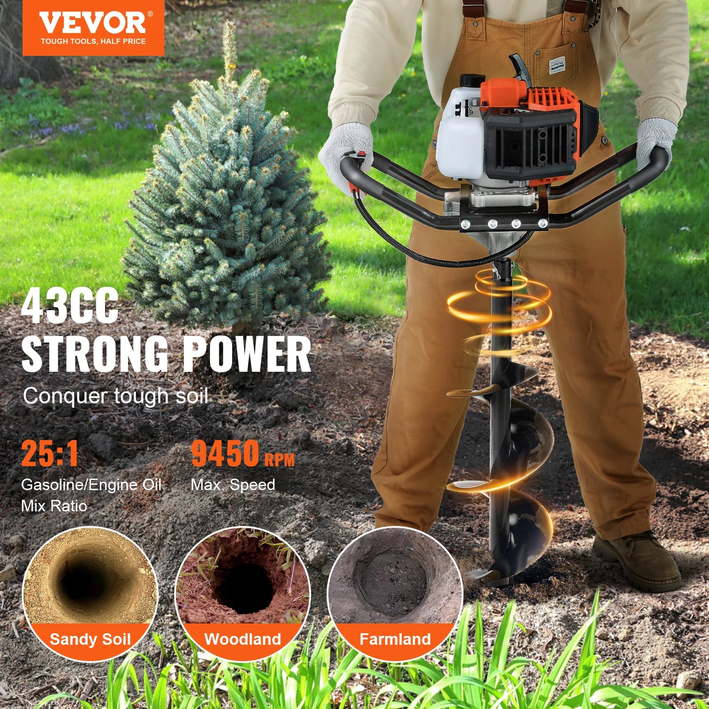 SucceBuy Fuel-powered Auger Post Hole Digger Gas Powered Earth Auger Borer Ground Petrol Earth Auger Post 52cc/43cc Hole Digger