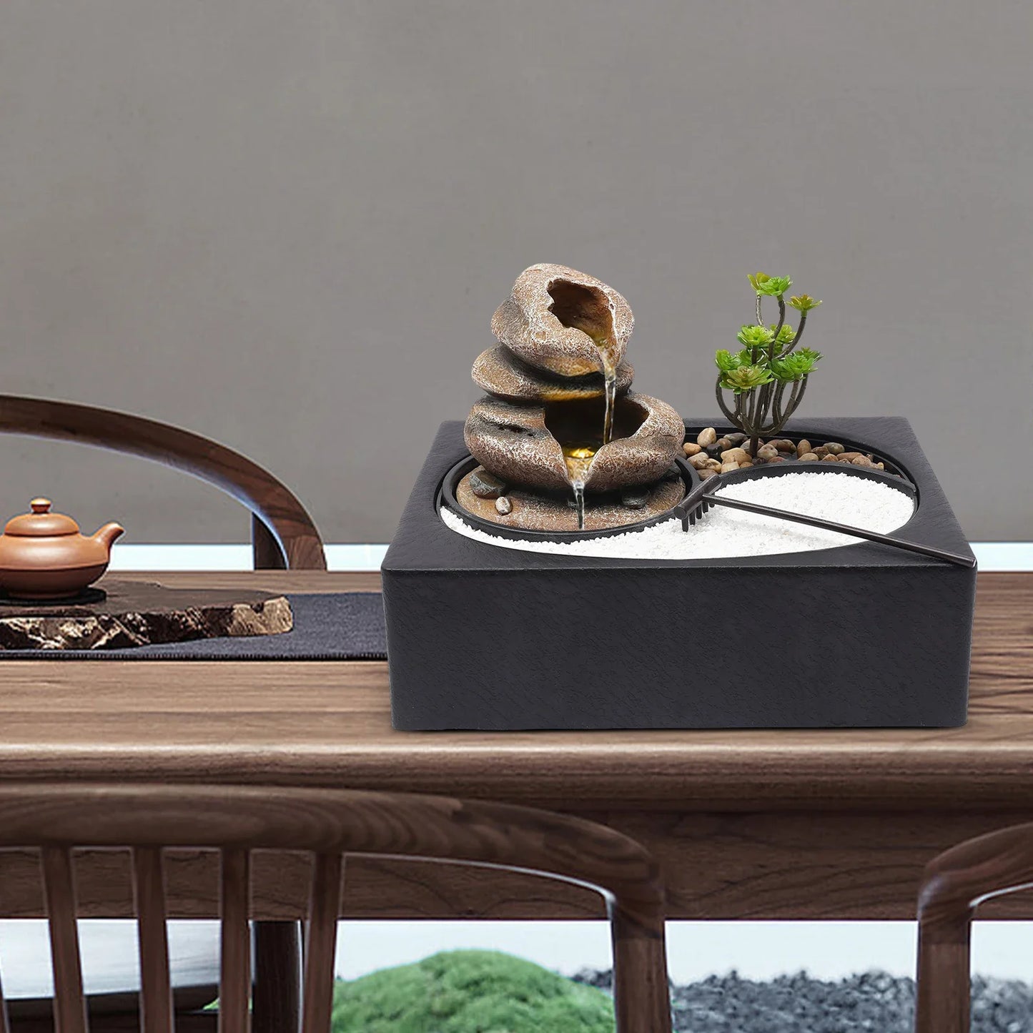 Tabletop Rock Water Fountain W/ LED Light,Indoor Waterfall Decor for Desk,Relaxing Zen Fountain,Decorative Stone Water Feature