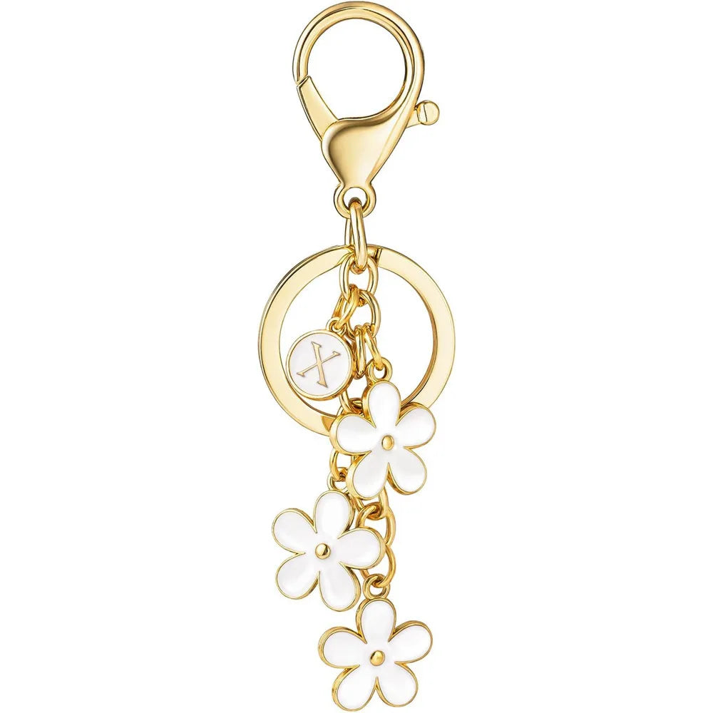 Initial Keychain White/Pink Flower Charms Key Cute Letter Keyring For Handbag Backpack
