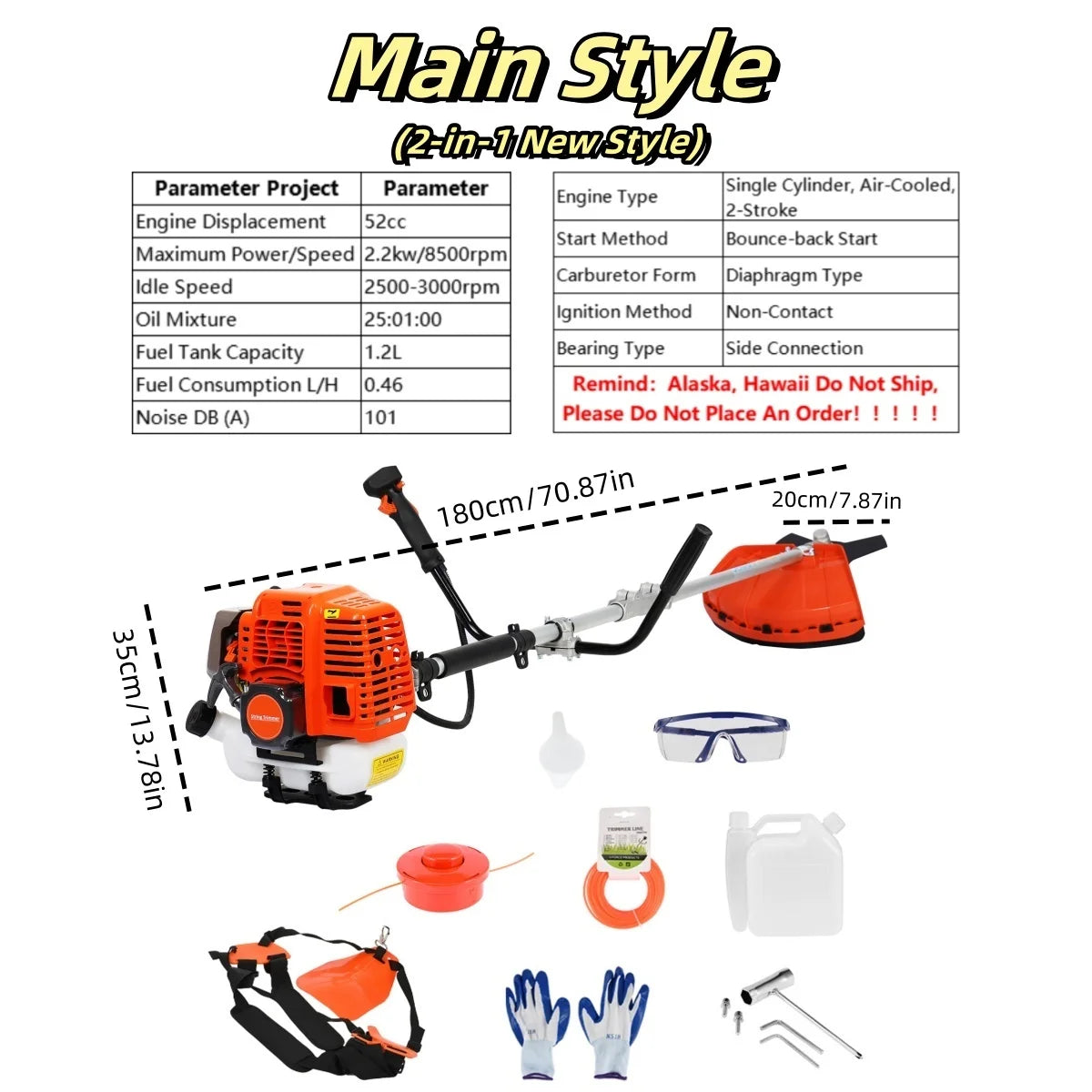 2200W Weed Eater Cordless Petrol 52CC 8500RPM,Ergonomic Strong Power String Trimmer Low Noise,2 In 1 Lawn Mower Machine Gasolene