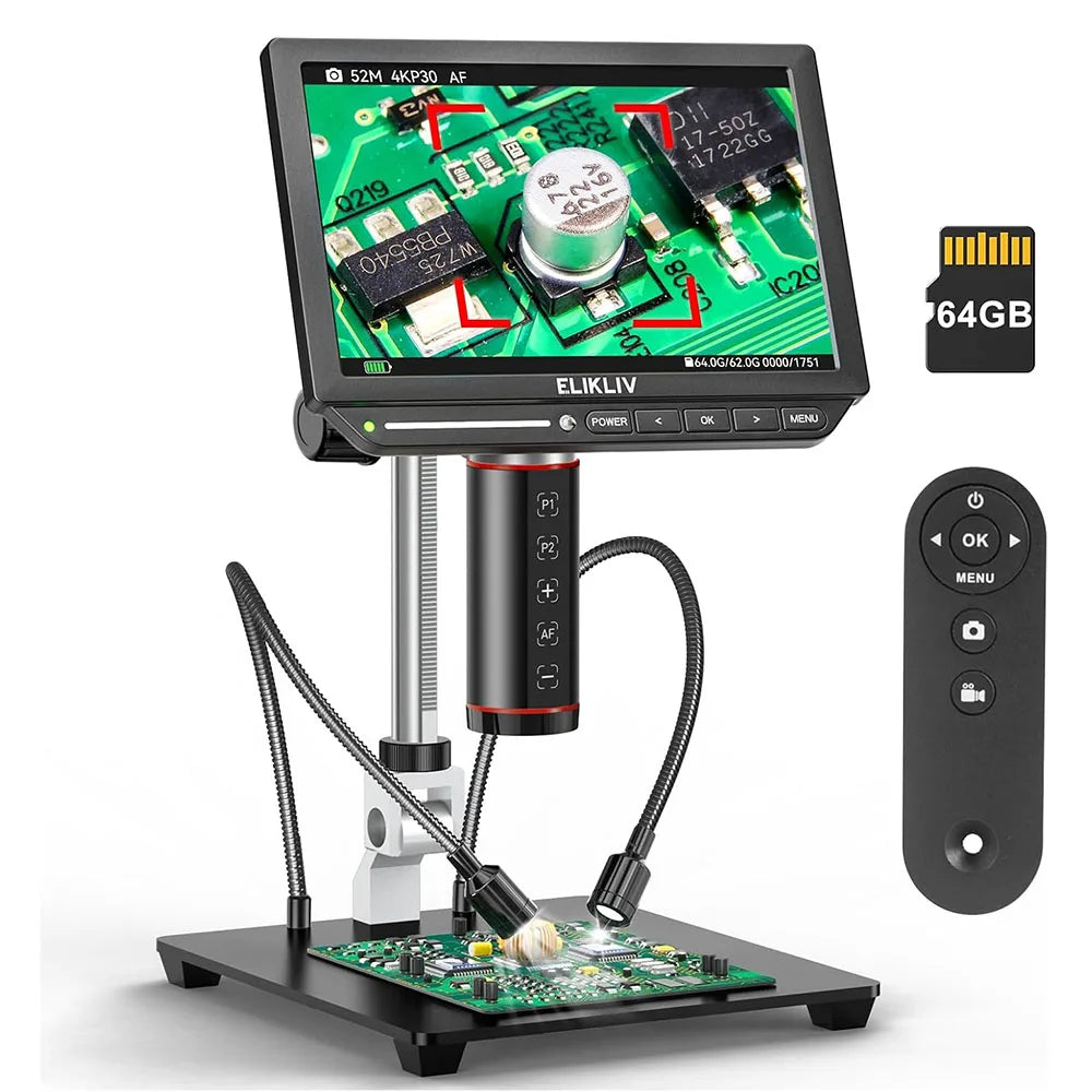 Elikliv EM4K-AF Autofocus 4K Digital Microscope 2000x HDMI Soldering Microscope for Electronic Repair 8" Coin Amplifier 10"Stand