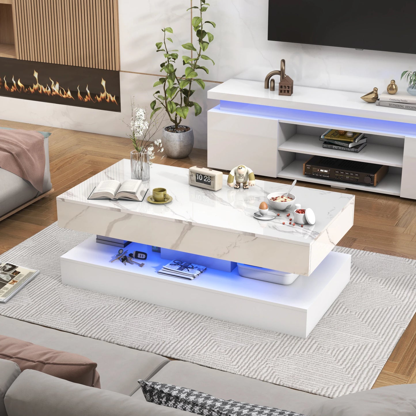Modern Stylish Coffee Table with LED Lights Double Layer Design and Two Storage Drawers for Living Room