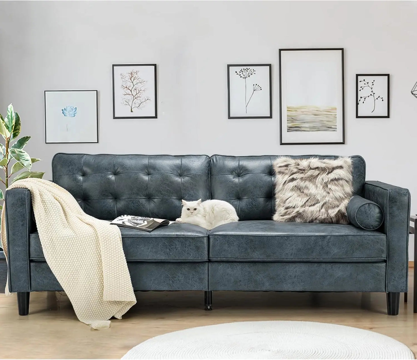 Faux Leather Sofa, 84.2-Inch Mid Century Modern 3-Seater Couch with 2 Bolster Pillows, Large Blue Sofa for Living Room