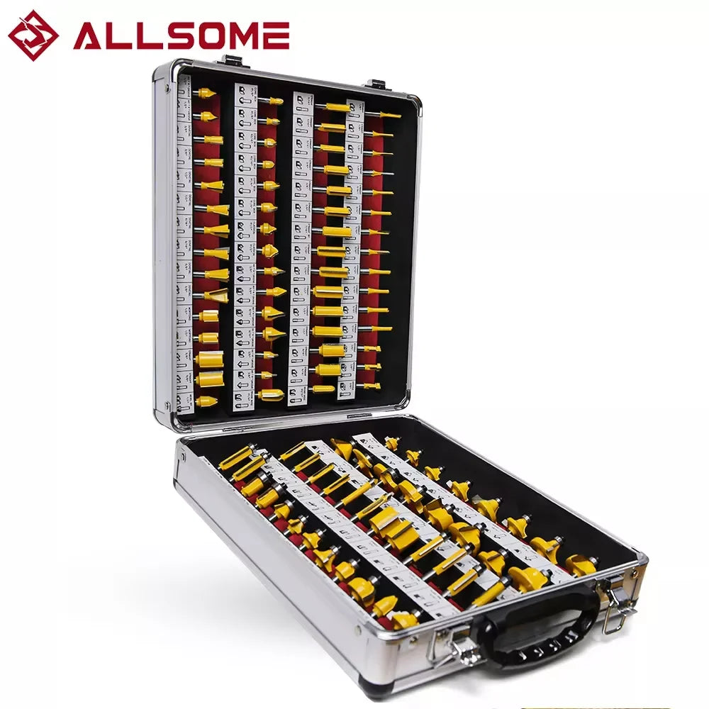 Allsome 100Pcs 1/4 Inch Shank Router Bit Set with Metal Case Tip Wood Milling Cutter For Trimming Router Machine