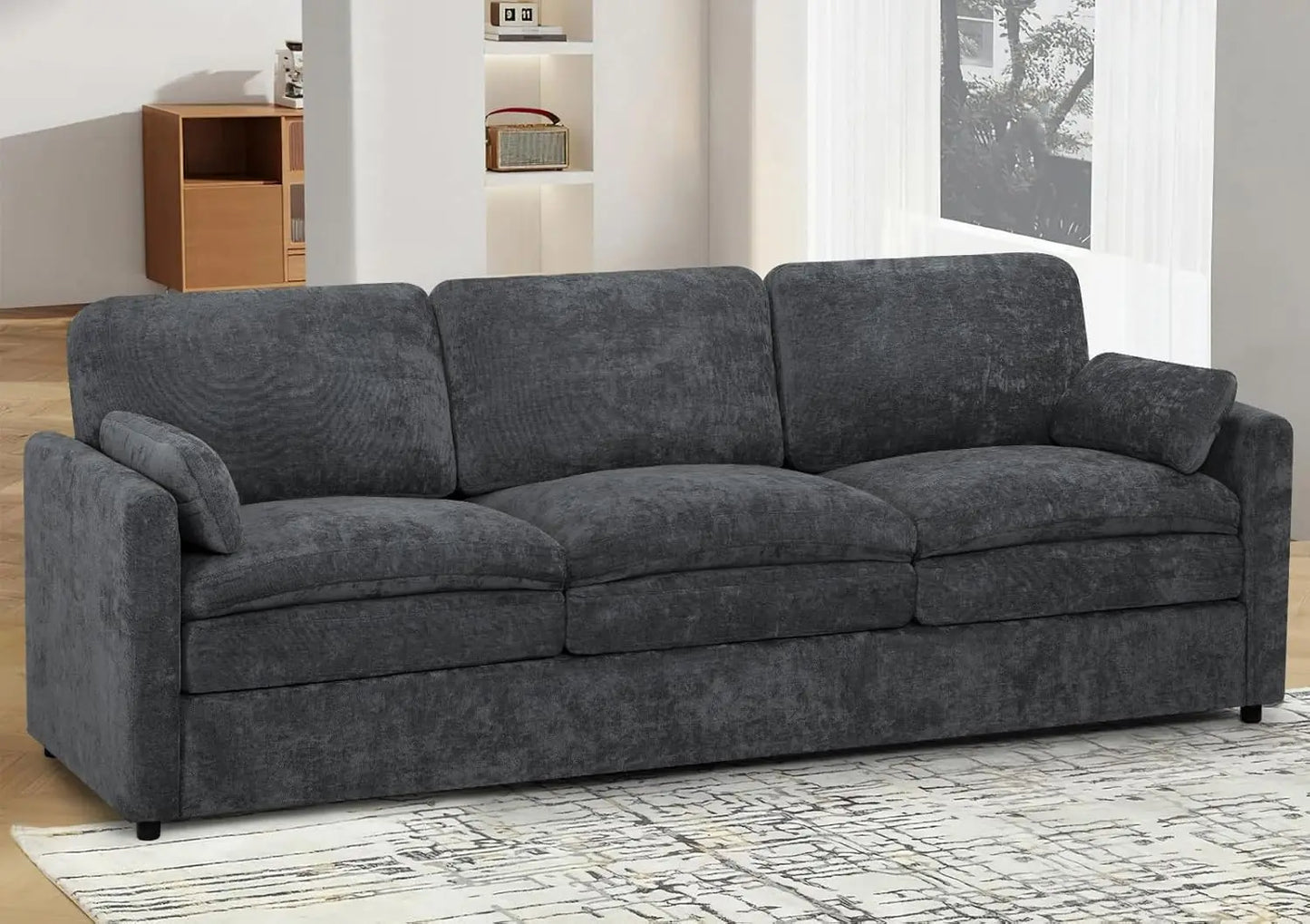 Chenille Soft Sofa w/Well-Filled Backrests, Modern Couch w/Plump Pillows, 3 Seater Upholstered Couch w/Thick & Comfy Cushions