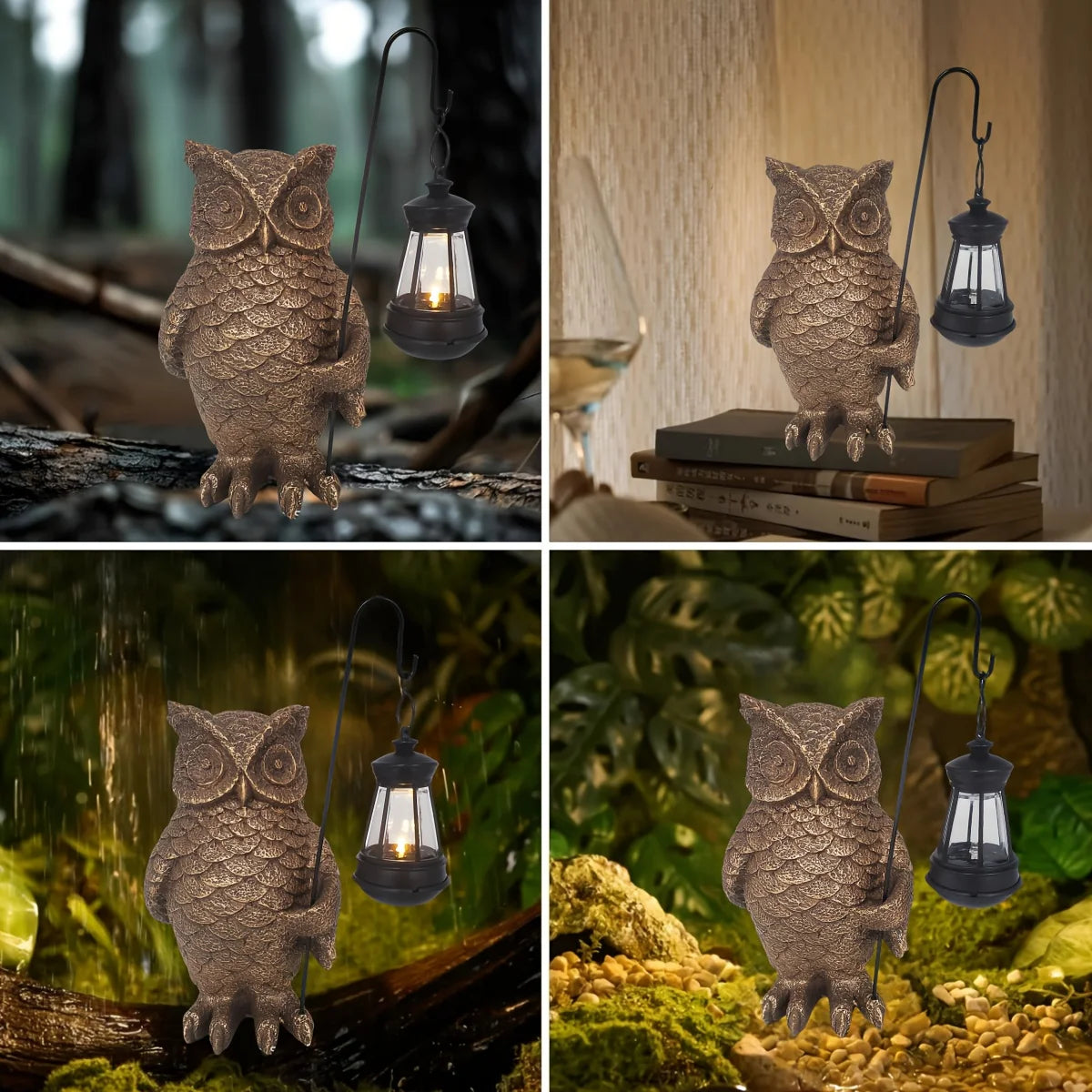 Outdoor Solar Garden Decor Lights, Outdoor Owl Solar Statue Light, Solar Garden Statue Owl holding lanter Figurine Light