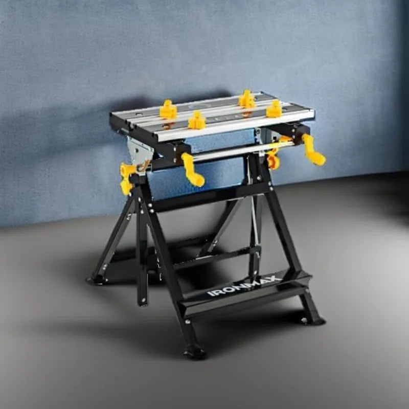 IRONMAX Portable Workbench, Folding Work Table with 7-Level Height Adjustable, 8 Sliding Clamps and Reclining, Folding Workbench