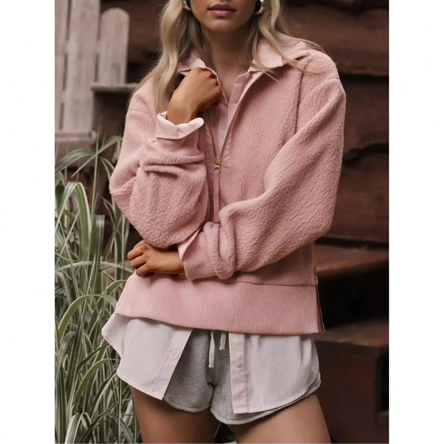 Fisoew Half Zip Fleece Sweater | Retro Pullover Top With Mock Neck, Mallard Fit Style Fleece Top, Casual Warm Cozy Loungewear