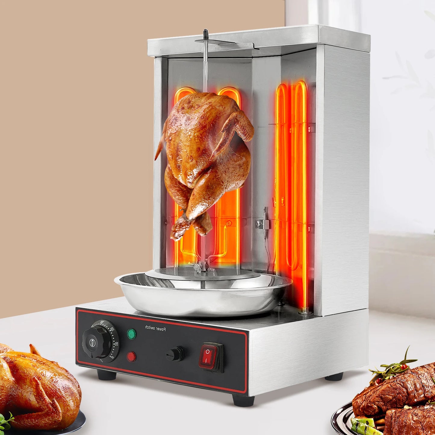 Electric Shawarma Grill Machine 3000W 201 Stainless Steel 2 Heating Tubes 360° Automatic Rotating Design
