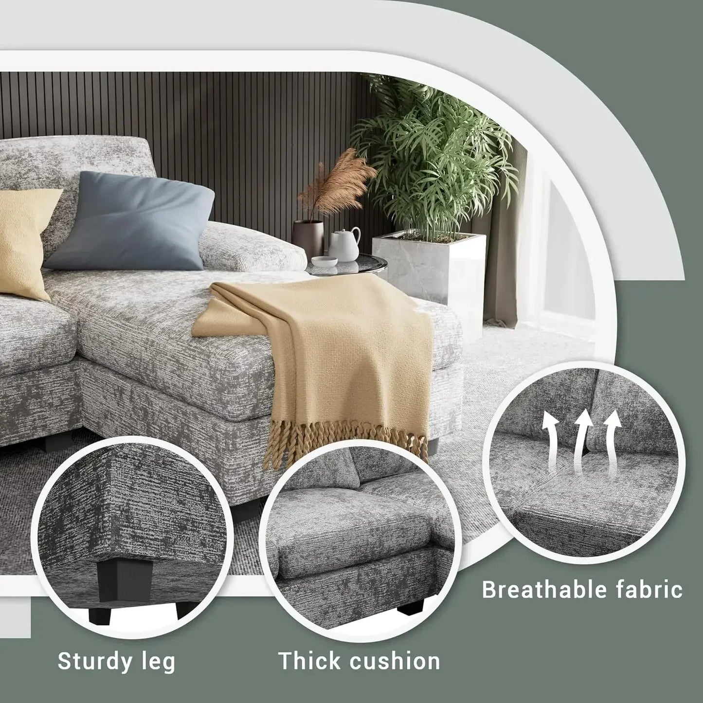 Convertible Sectional Sofa Couch,U-Shaped Modern Fabric Modular Sofa Sleeper with Double Chaise & Memory Foam (Fabric, Grey)