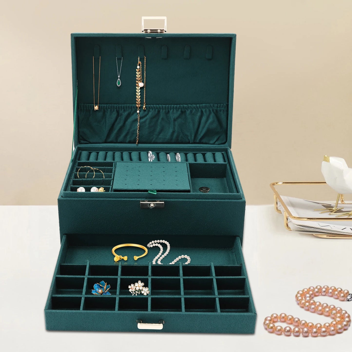 Jewellery Box Organiser, 3 Layers Jewelry Boxes for Women Girls, Large Jewelry Storage Case Drawer Cabinet Necklace Organizer