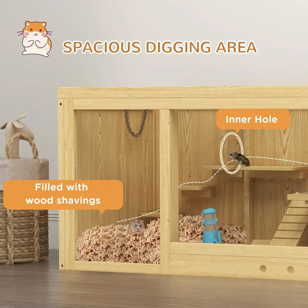 Wooden Hamster Cage, Extra Large Gerbil Cage, Multi-Layer Small Animal Cage for Dwarf Hamster, Activity Center with Pull-Out Tr