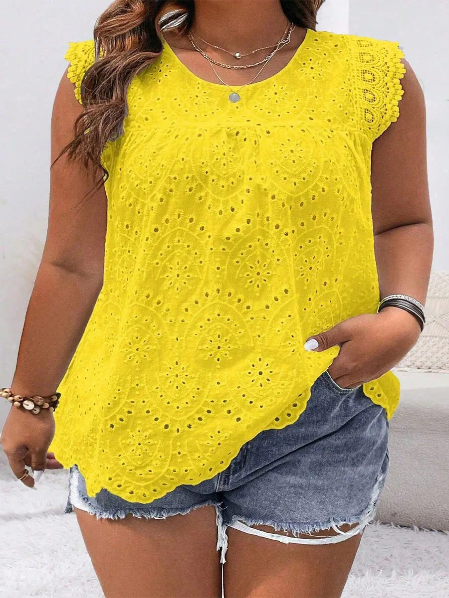 2024 New Fashion Casual Plus Size Shirt Sleeveless Hollow Solid Color Round Neck Lace Simple Versatile Casual T-shirt Top